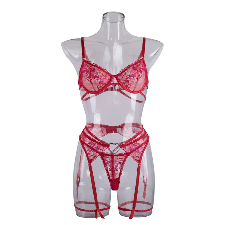 Sexeeg Scarlet Heart Lace Lingerie Set — 3-Piece Bra & Panty