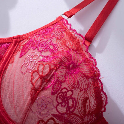 Red Lingerie Sexy Bra And Panty Set 3-Pieces Luxury Lace Fancy Underwear