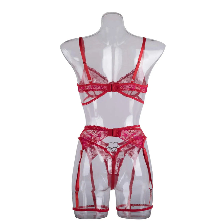 Sexeeg Scarlet Heart Lace Lingerie Set — 3-Piece Bra & Panty