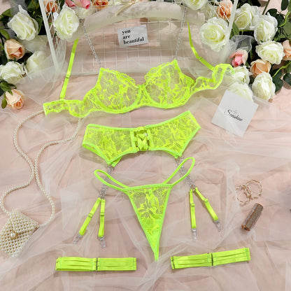 4 Pieces Erotic Underwear Lace Bra Exotic Sets Porn Fancy Sensual Luxury Lingerie