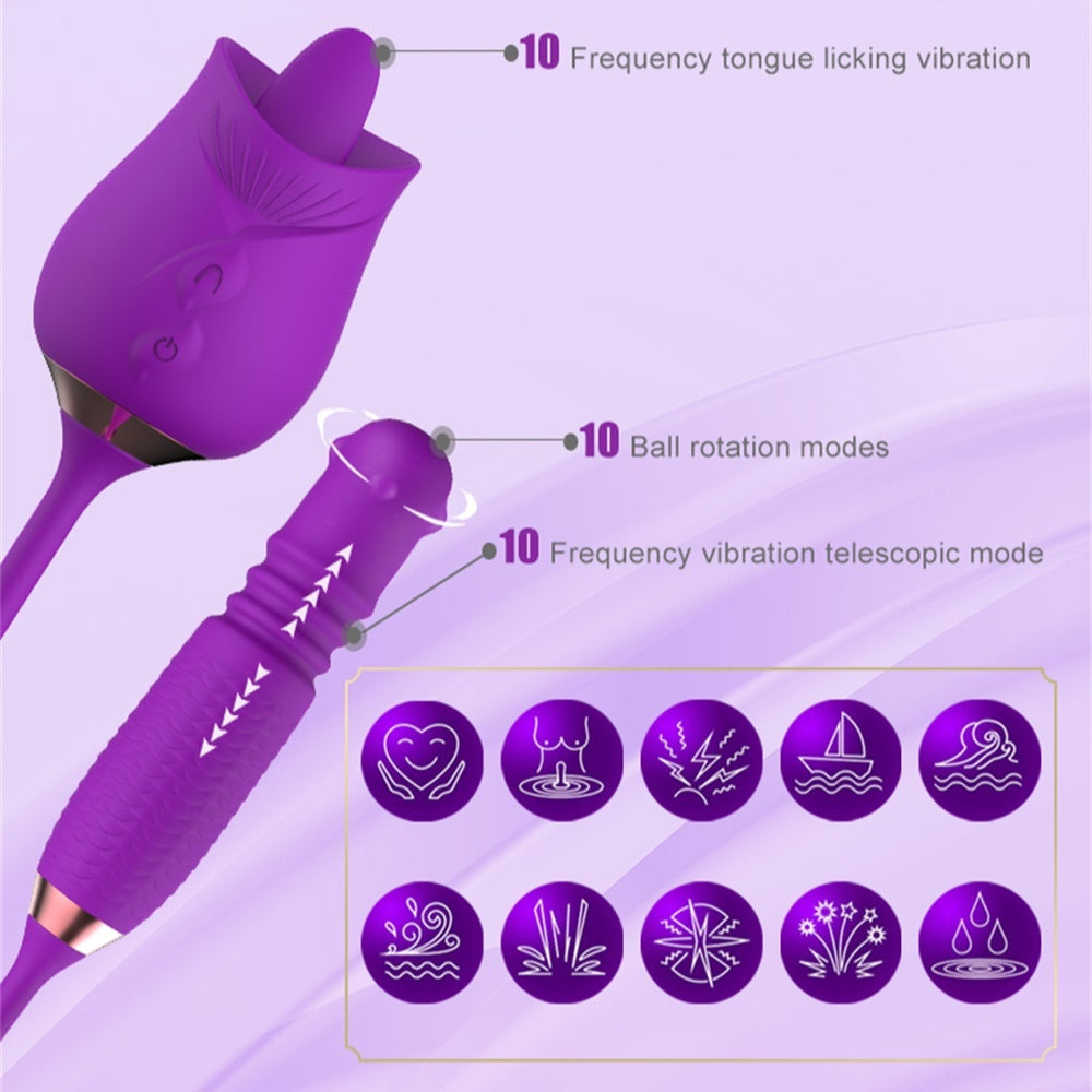 Sexeeg Purple Rose Toy Rotating Pearls Telescopic Tongue-licking Vibrator 