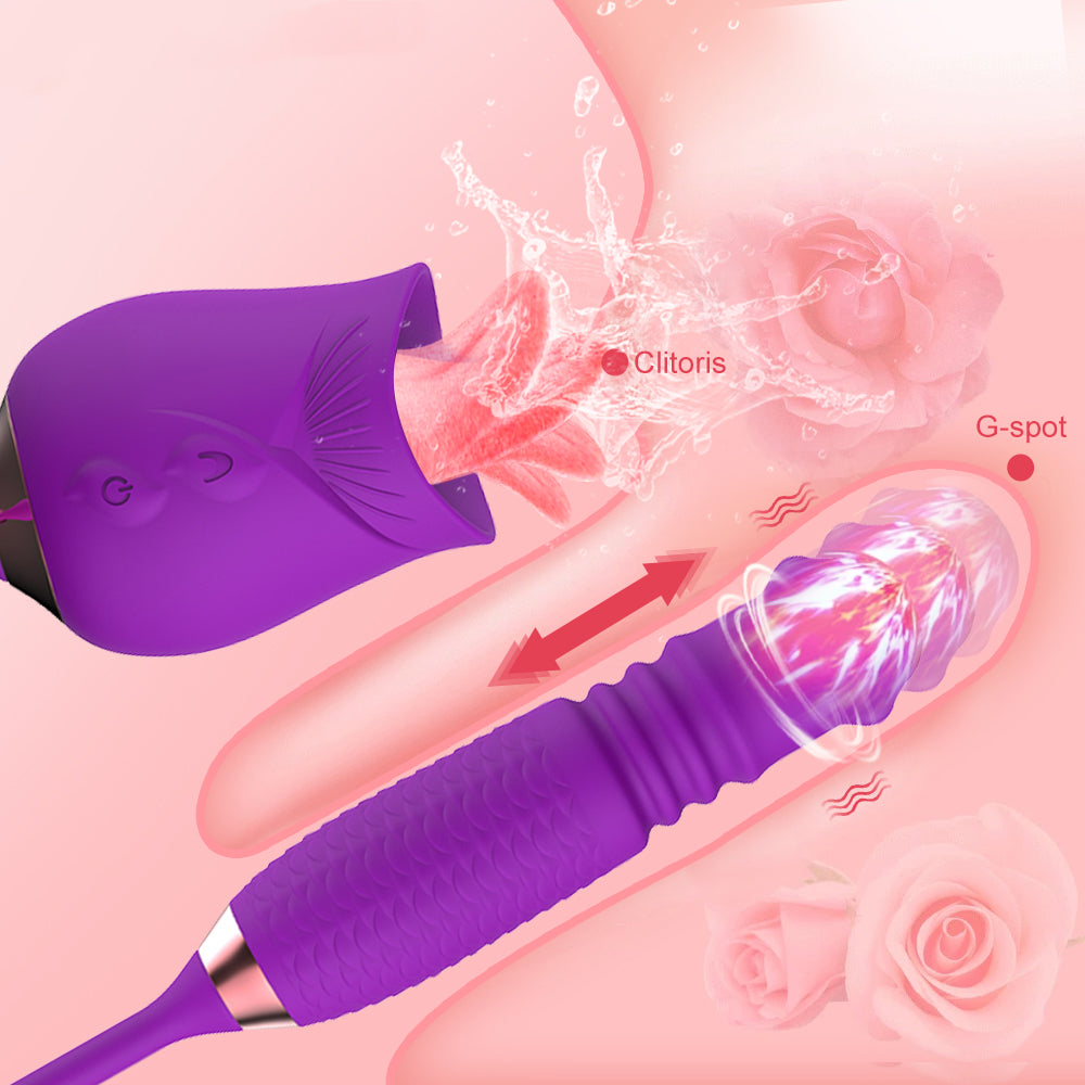 Sexeeg Purple Rose Toy Rotating Pearls Telescopic Tongue-licking Vibrator 